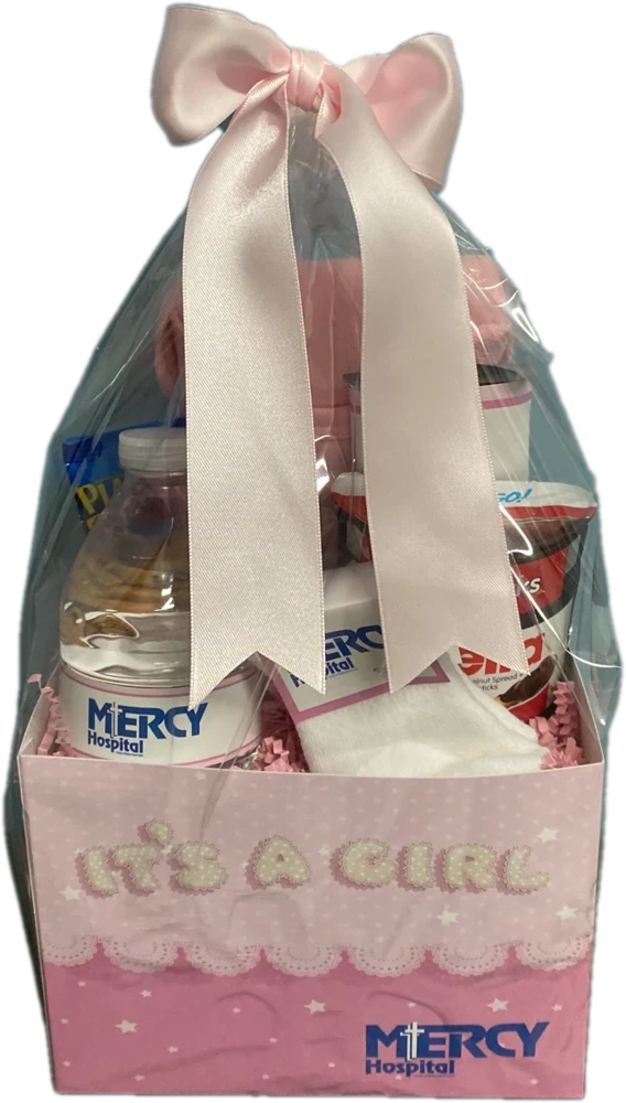 Pink 'It's a Girl' hospital gift basket with ribbon, branded water bottle, snacks and baby socks